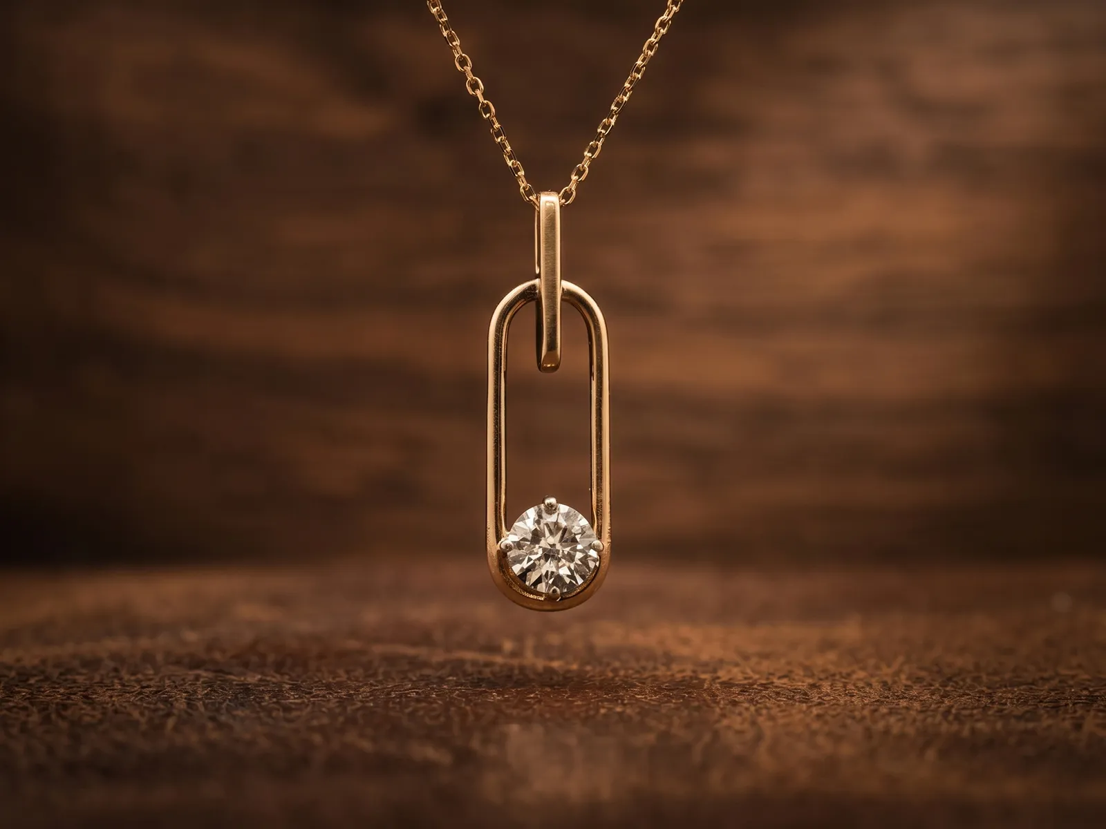 Gold necklace with a diamond pendant on a wooden background.