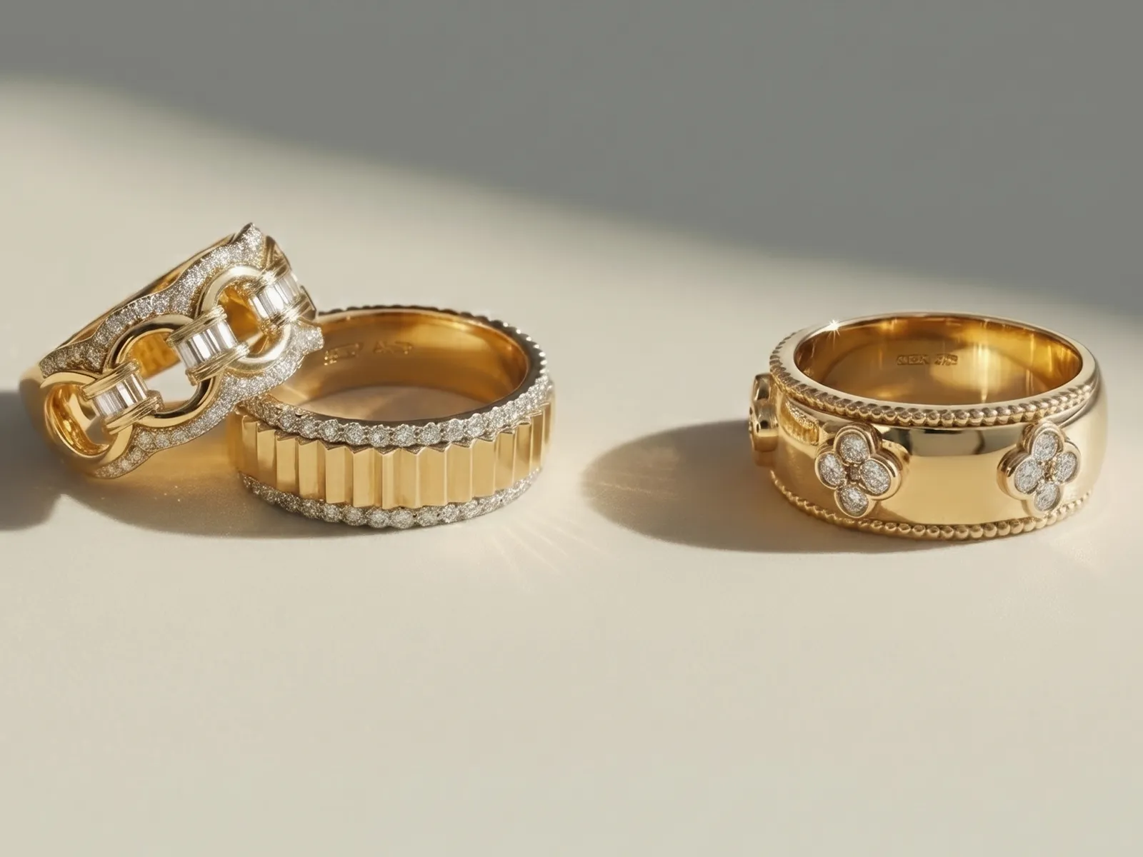 Three gold rings with diamond accents displayed on a light surface.