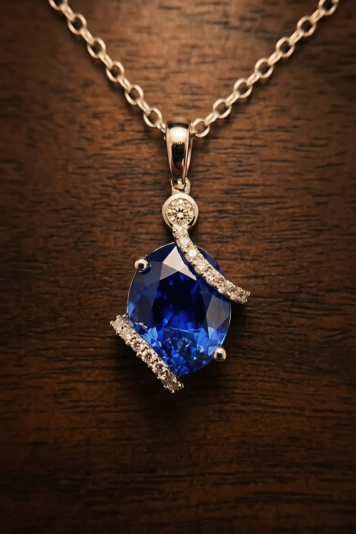 Elegant necklace with a blue gemstone pendant and diamond accents on a wooden background.