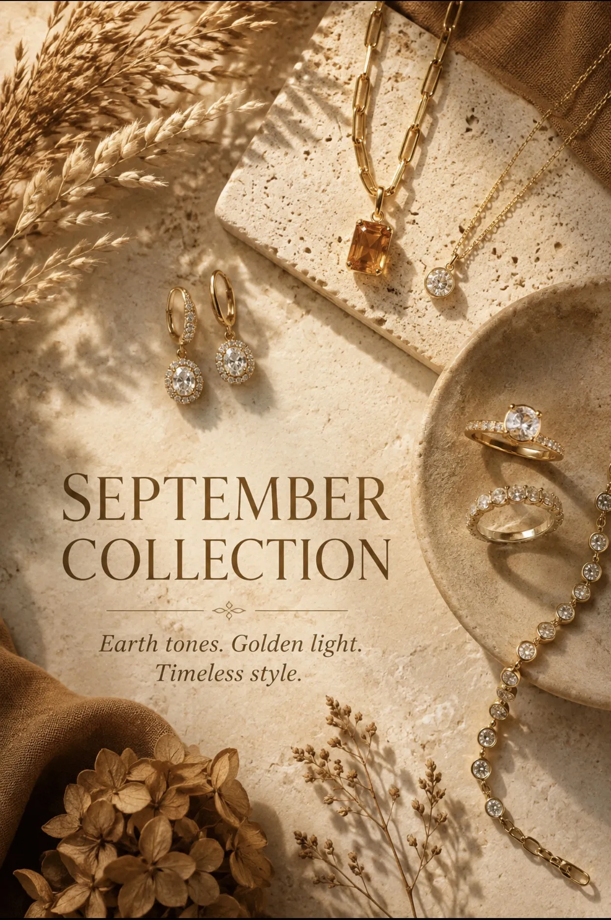 September jewelry collection with gold necklaces, earrings, rings and bracelet styled in warm earth tones and golden light.