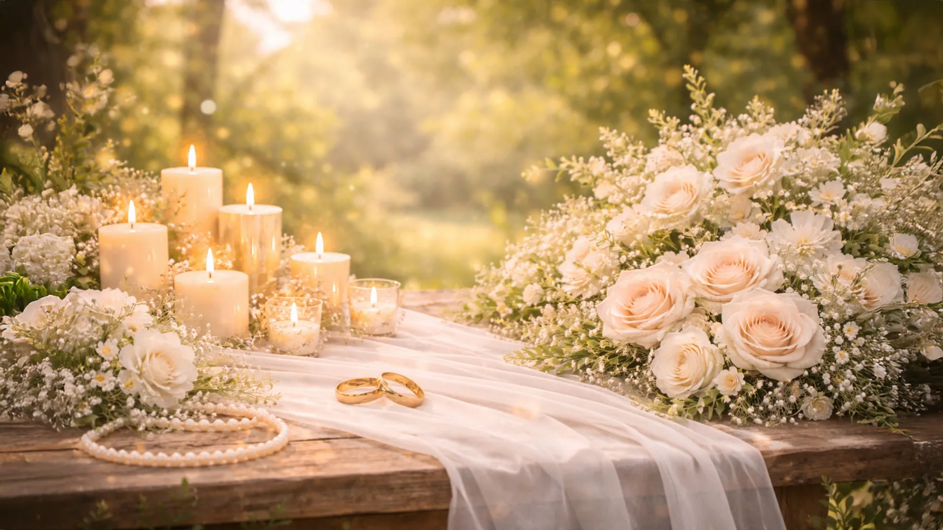 Romantic wedding flat lay featuring intertwined gold wedding bands on flowing ivory tulle, surrounded by blush roses, white flor