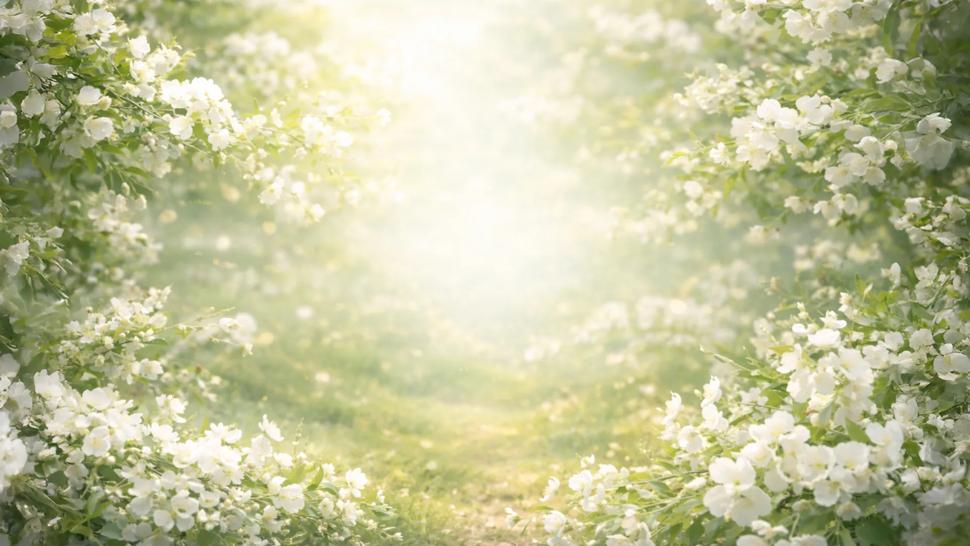 Sunlit garden path framed by white flowering branches and green leaves, softly blurred as it fades into a bright background.