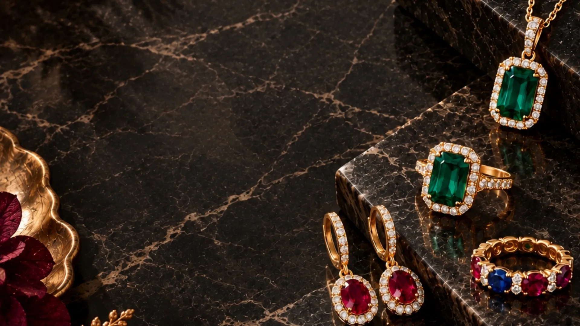 Emerald, ruby, sapphire and diamond jewelry arranged on black marble and burgundy velvet with rich gold accents.