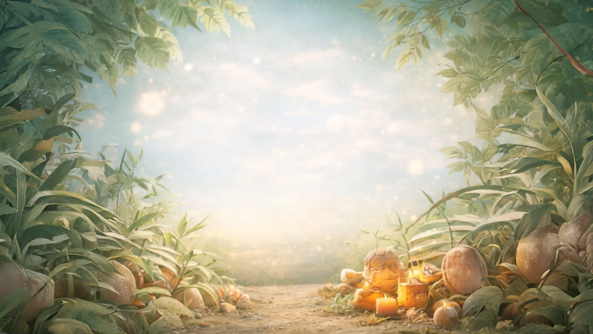 Lush green foliage framing a softly lit woodland path with warm golden candles and natural stones.