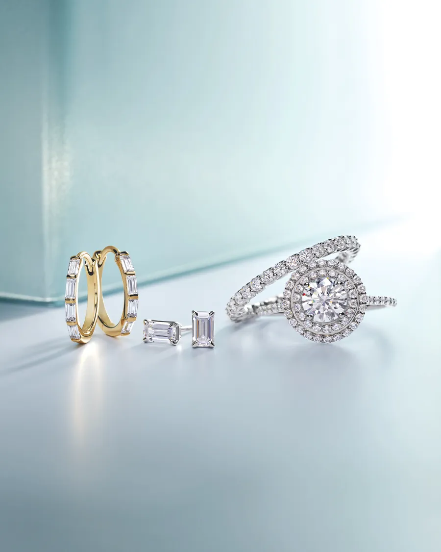 Lab-grown diamond jewelry featuring elegant rings and earrings.