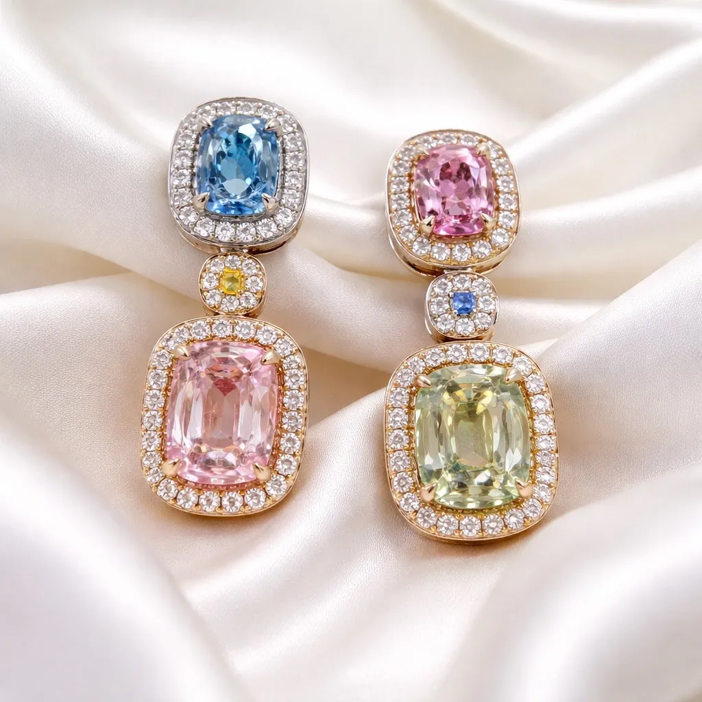 Elegant gold earrings with pink, blue, and clear gemstones on silky fabric background.