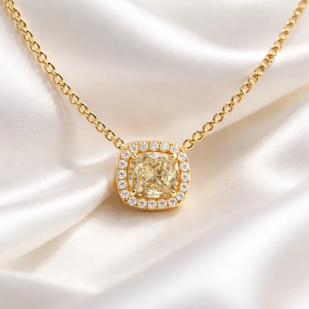Elegant diamond necklace on white fabric background.