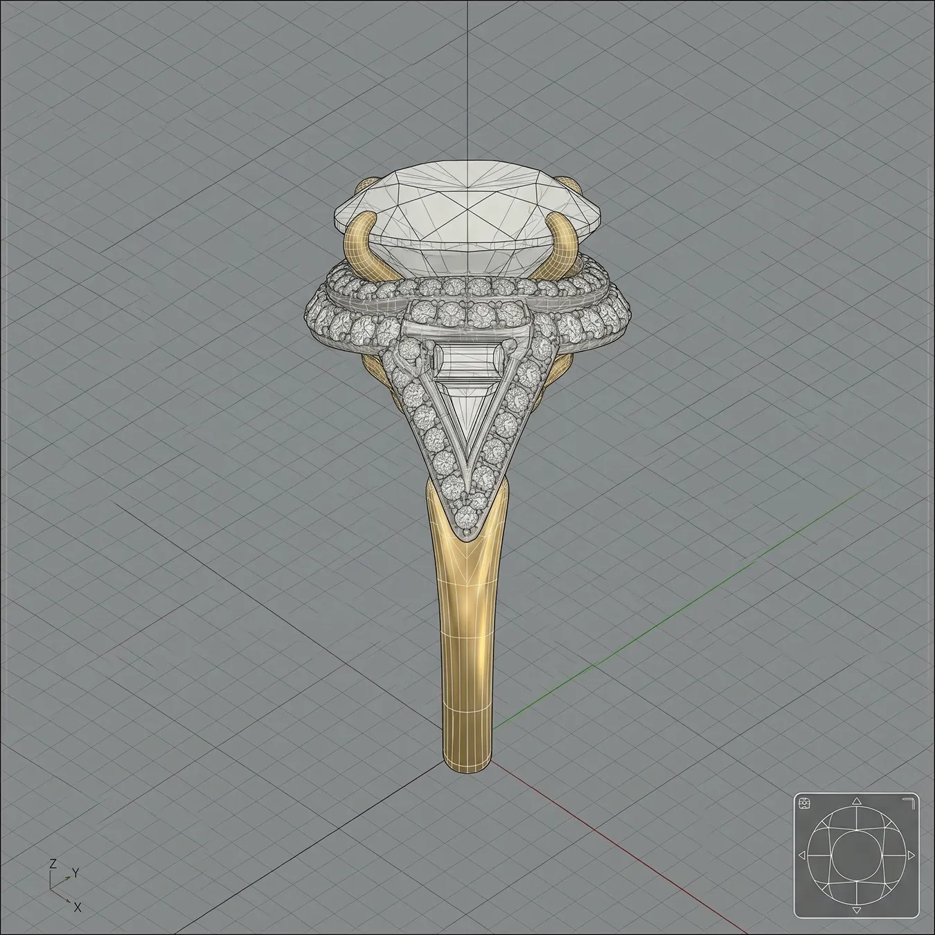 A 3D CAD rendering of an intricate diamond ring design with a large central stone and detailed band.
