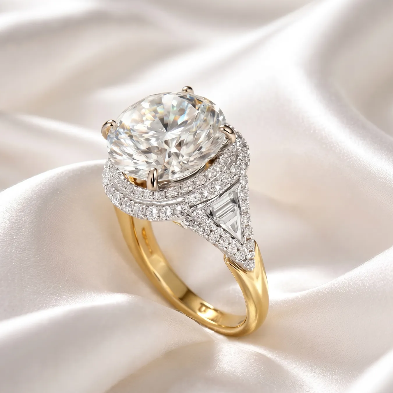 Elegant gold ring with large round diamond and halo setting on silky fabric background.