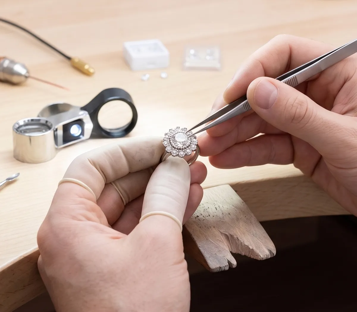 Jeweler using tweezers to adjust a diamond ring on a workbench.