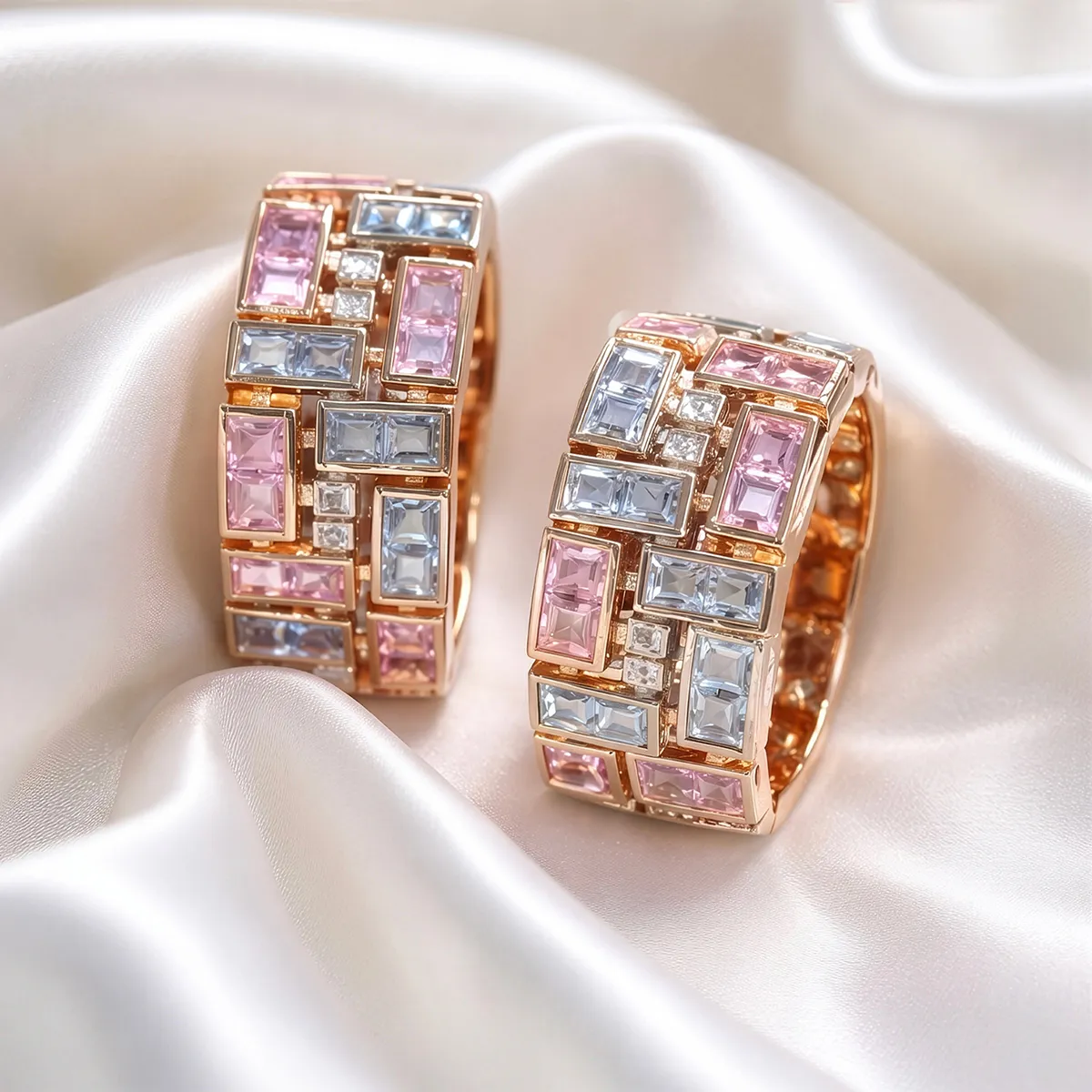 Elegant gold earrings with pink, blue, and clear gemstones on silky fabric background.