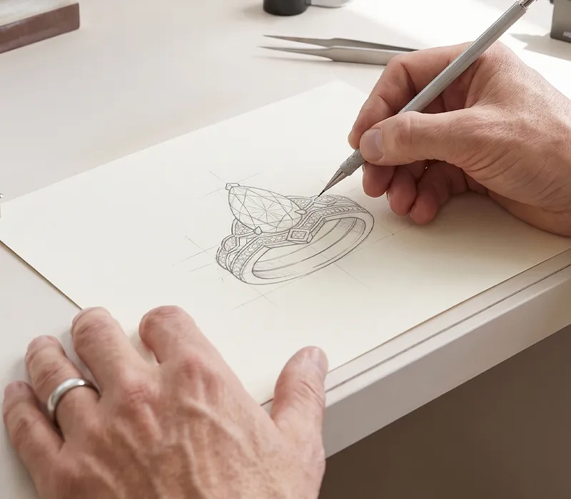 A person sketches a detailed ring design on paper with a pencil.