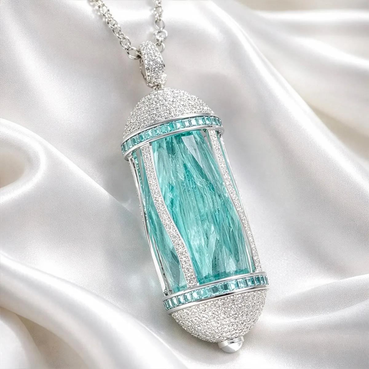 Elegant aquamarine and diamond pendant necklace on silky fabric background.