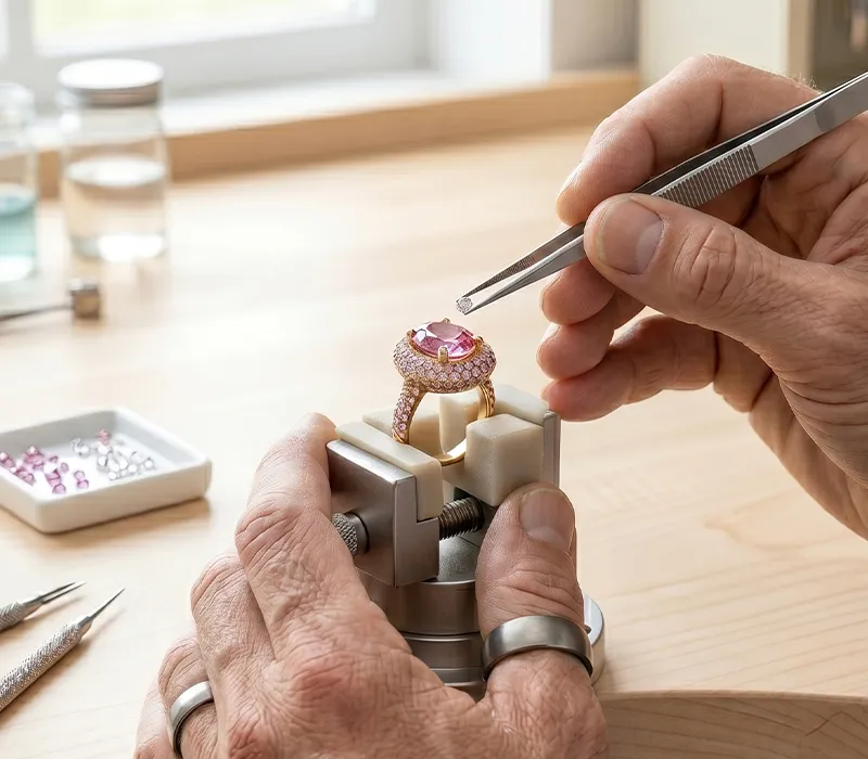 Jeweler setting a pink gemstone in a ring using tweezers on a workbench.