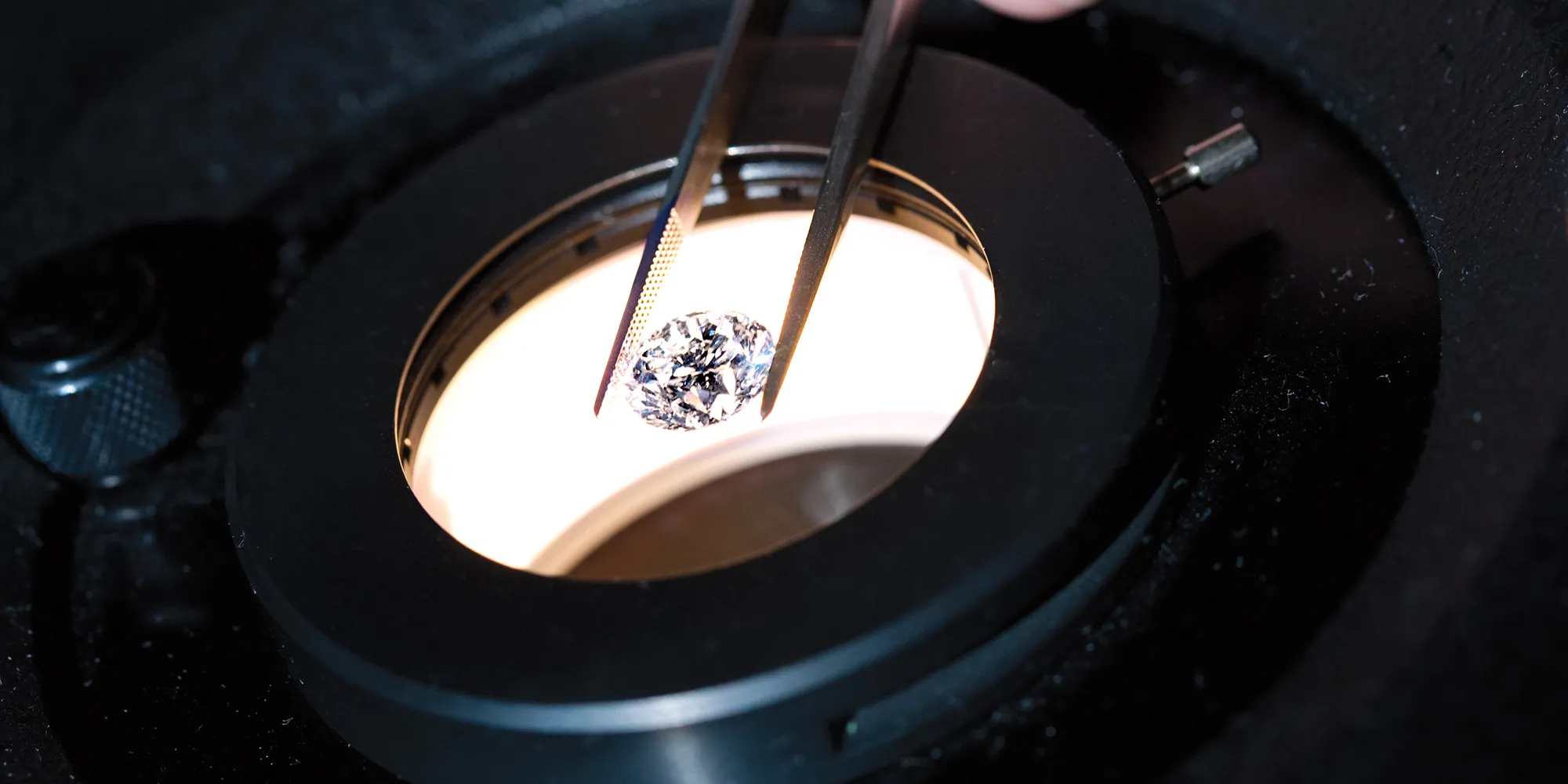 Diamond under magnification with tweezers at McGee & Company Fine Jewelers, Greenwood.