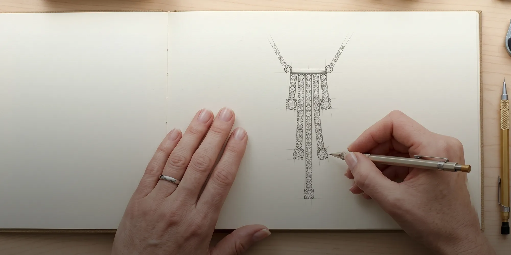 Hand drawing intricate jewelry design in sketchbook with pen. Book an Appointment at McGee & Company.