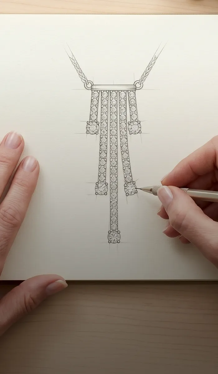 Hand drawing intricate jewelry design in sketchbook with pen. Book an Appointment at McGee & Company.