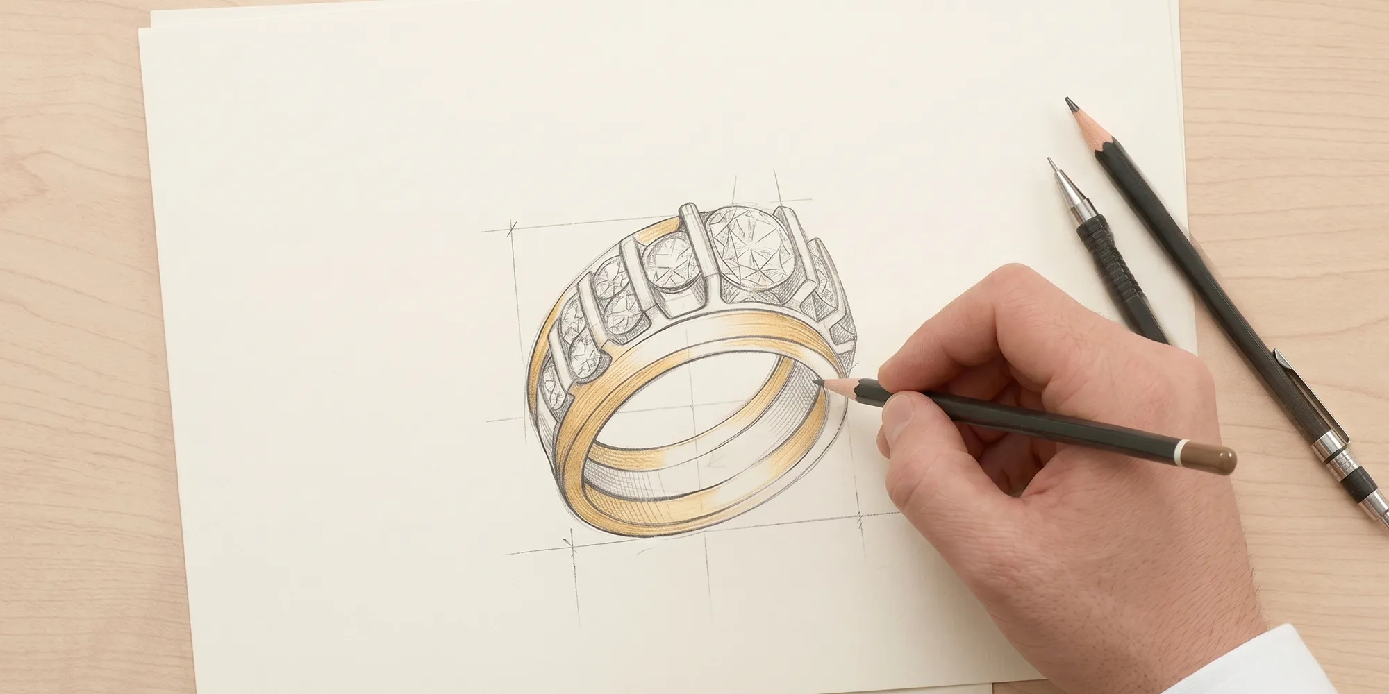 Jeweler sketching original custom ring design at McGee & Company Fine Jewelers, Greenwood.
