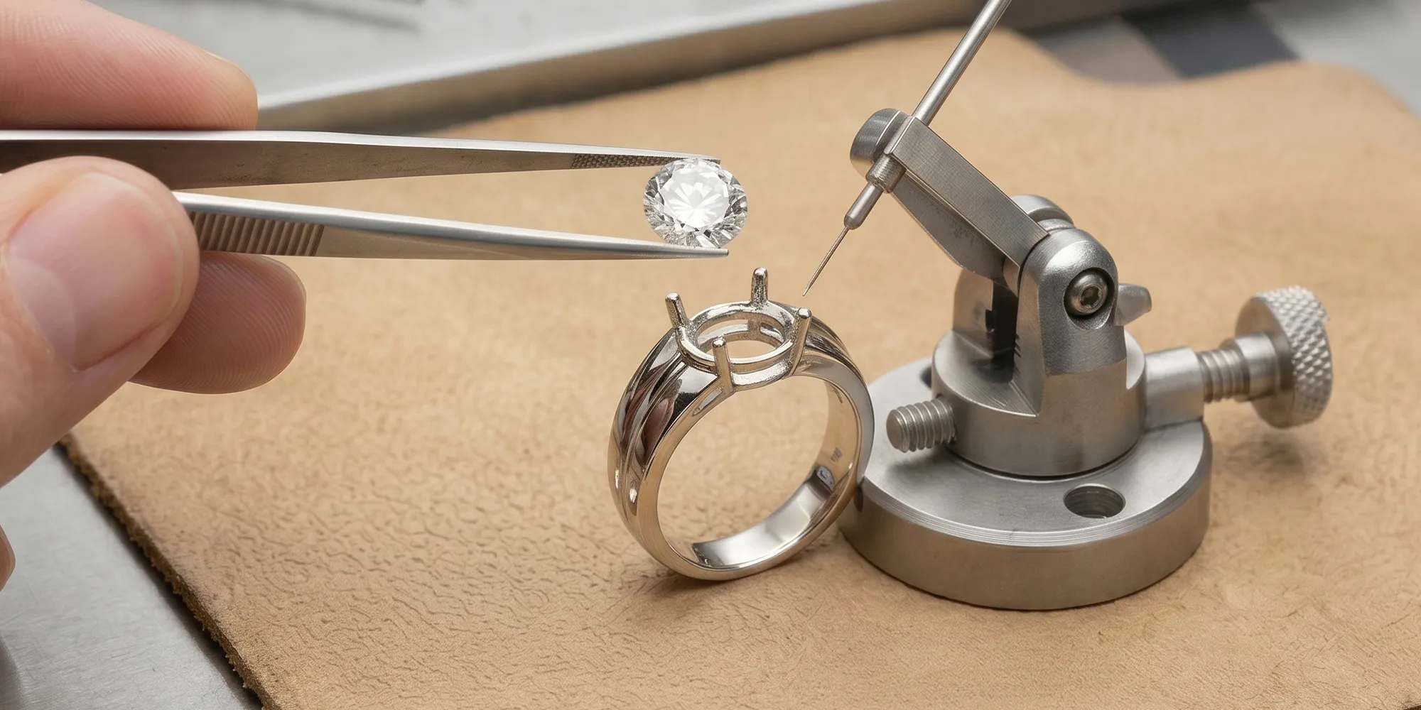 Jeweler setting a diamond into a ring using tweezers and a tool.
