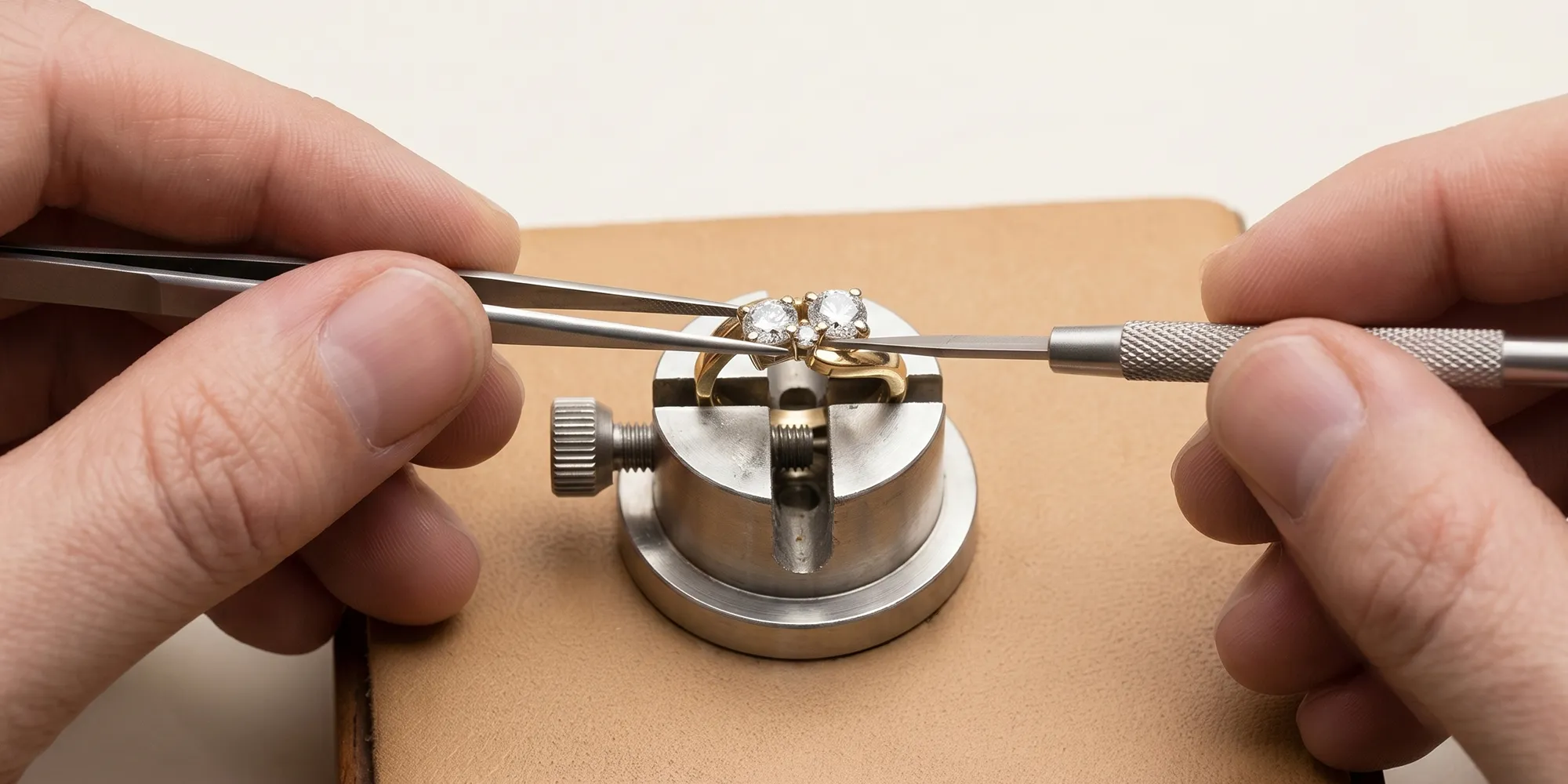 Jeweler using tools to adjust a diamond ring on a metal holder.