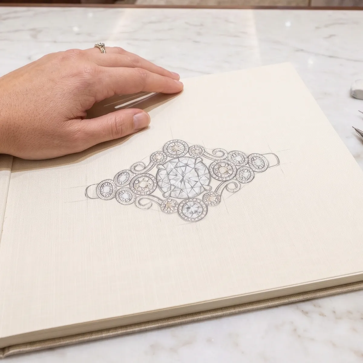 Hand with ring holding a sketch of a detailed jewelry design on a table.