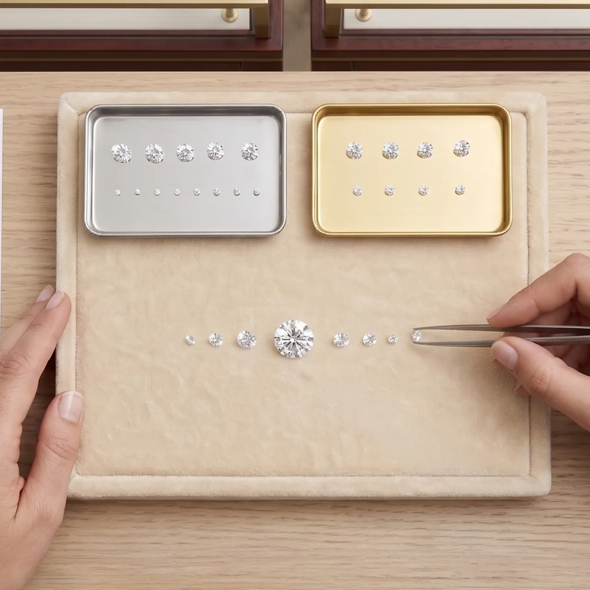 A person uses tweezers to arrange various sizes of diamonds on a tray for jewelry selection.