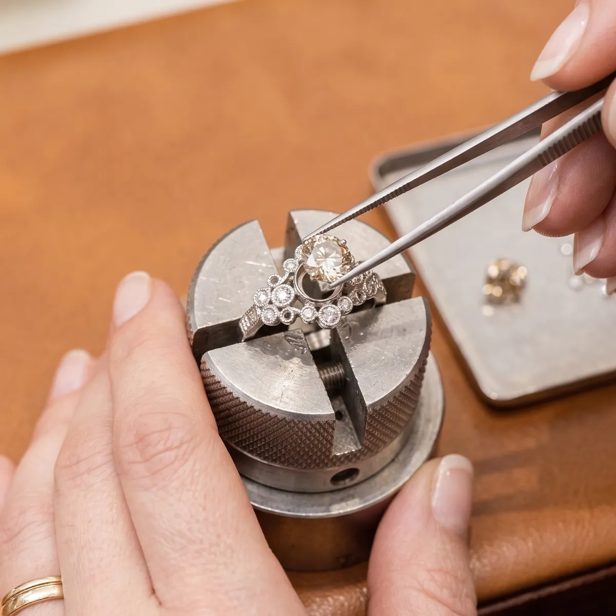 Quality control inspection of custom jewelry at McGee & Company Greenwood IN.