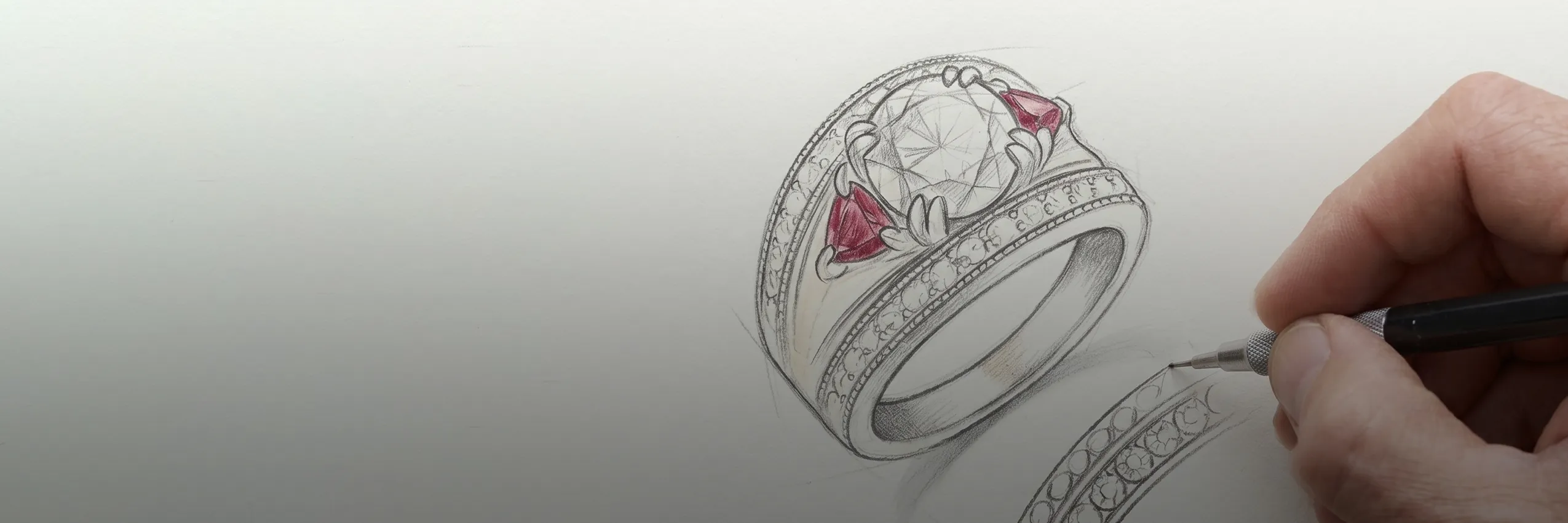 Custom ring design sketch with red gemstones and intricate details. Start a Custom Project at McGee & Company Fine Jewelers.