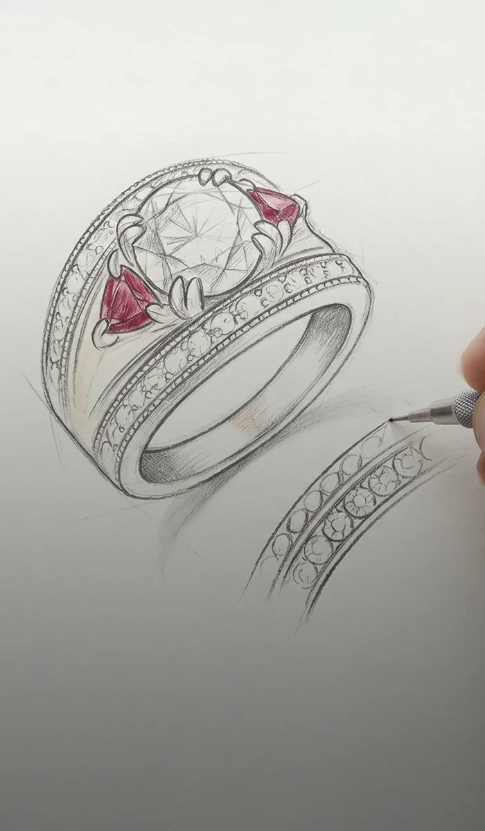 Custom ring design sketch with red gemstones and intricate details. Start a Custom Project at McGee & Company Fine Jewelers.