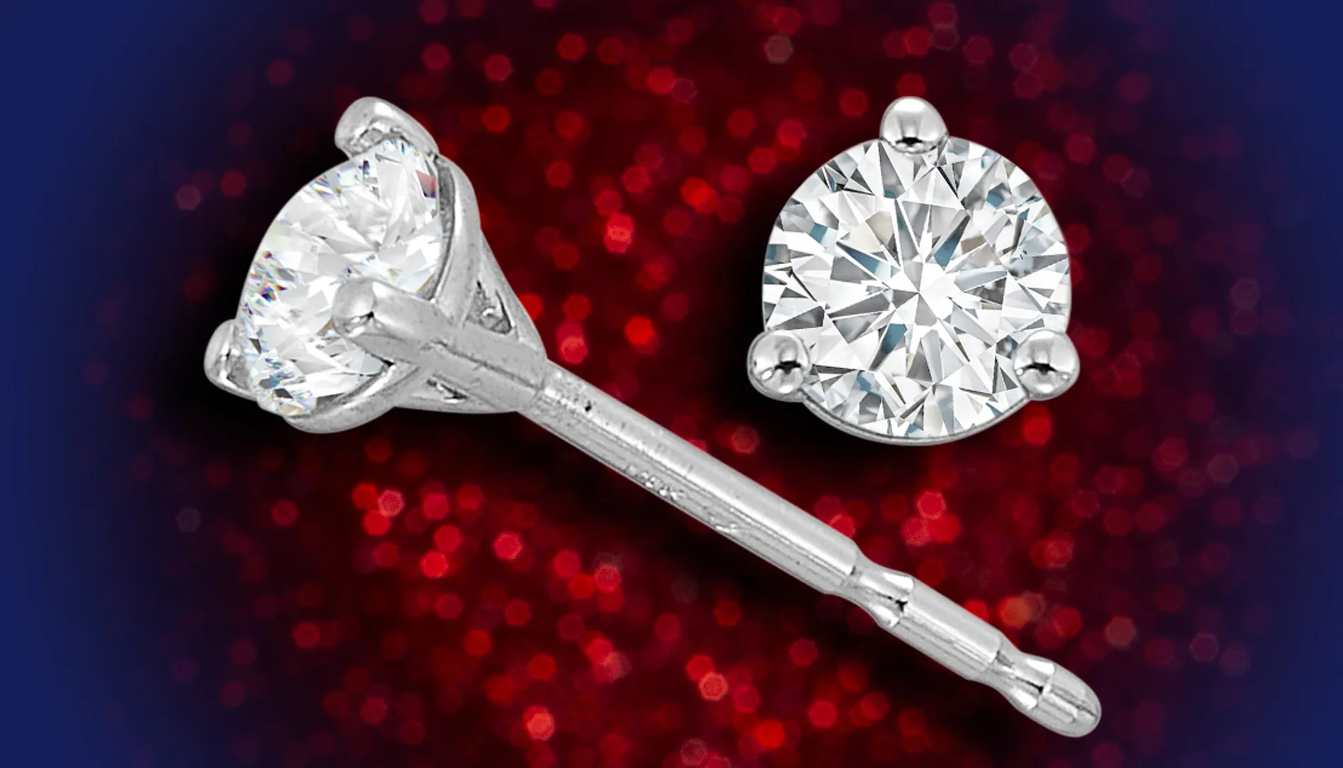 1/2ctw diamond stud earrings in white gold martini settings with sparkly red background and blue circle gradient
