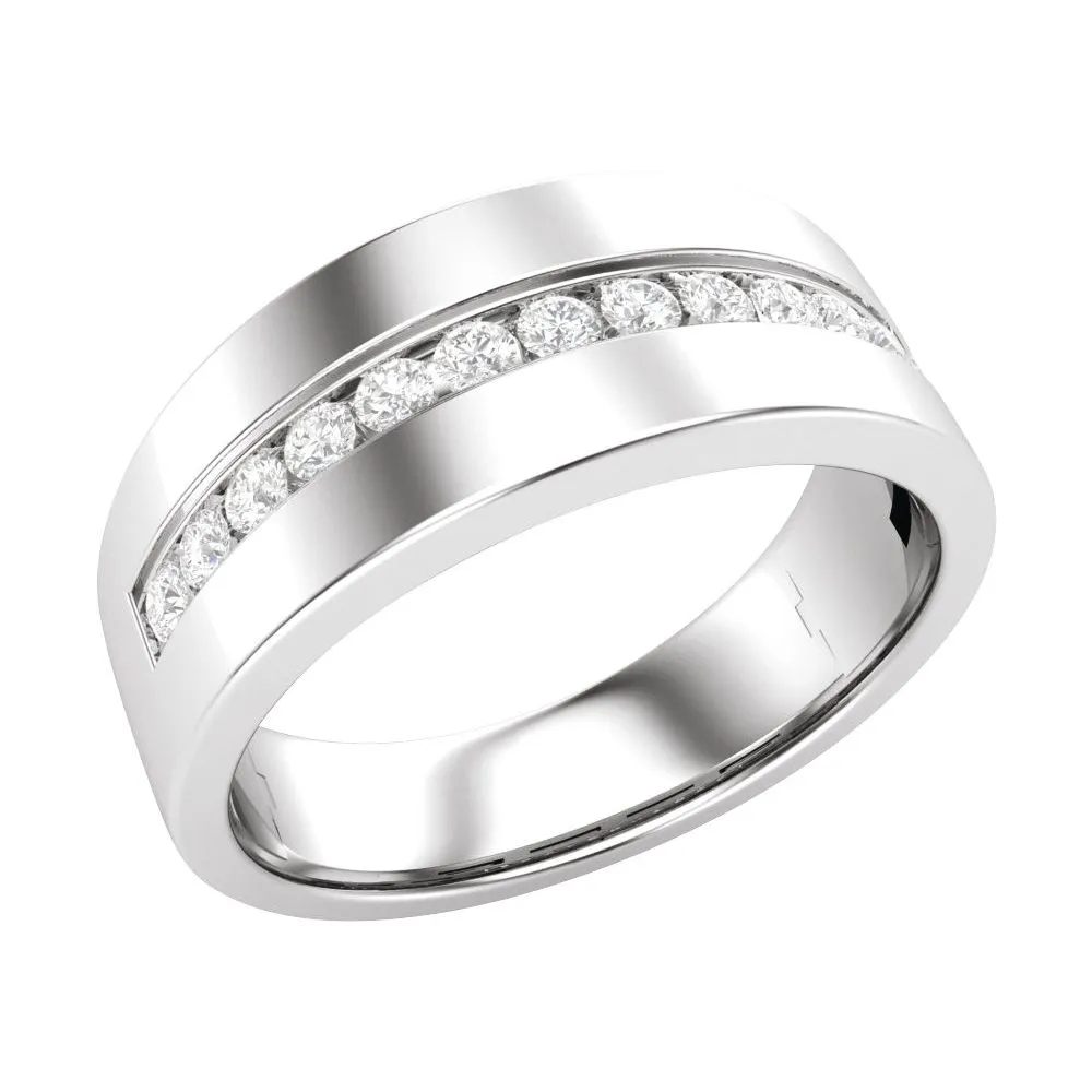 Men's wedding band with a sleek design and diamond accents. Click to shop now at Mead Jewelers, Enid.