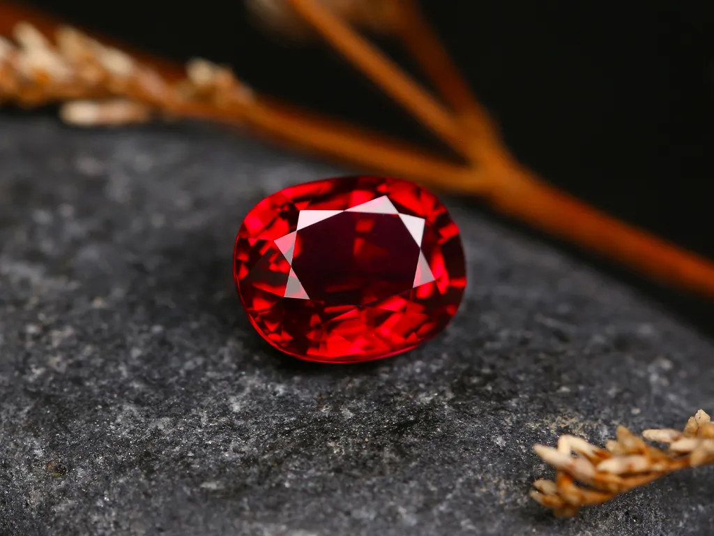 A stunning red gemstone resting on a dark stone surface, showcasing its brilliance and clarity.