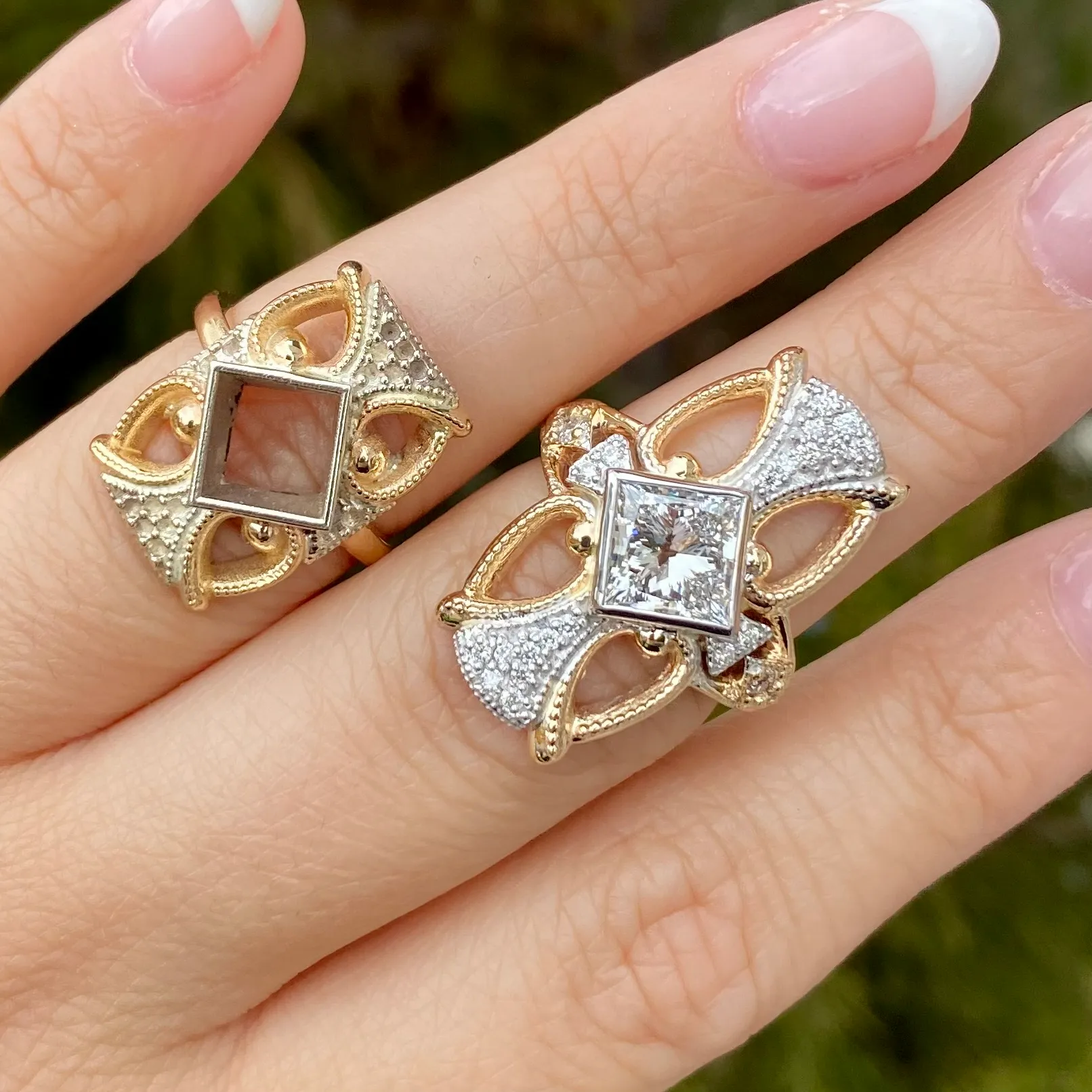 Two ornate gold rings with square settings, one with a gemstone, displayed on fingers with manicured nails.