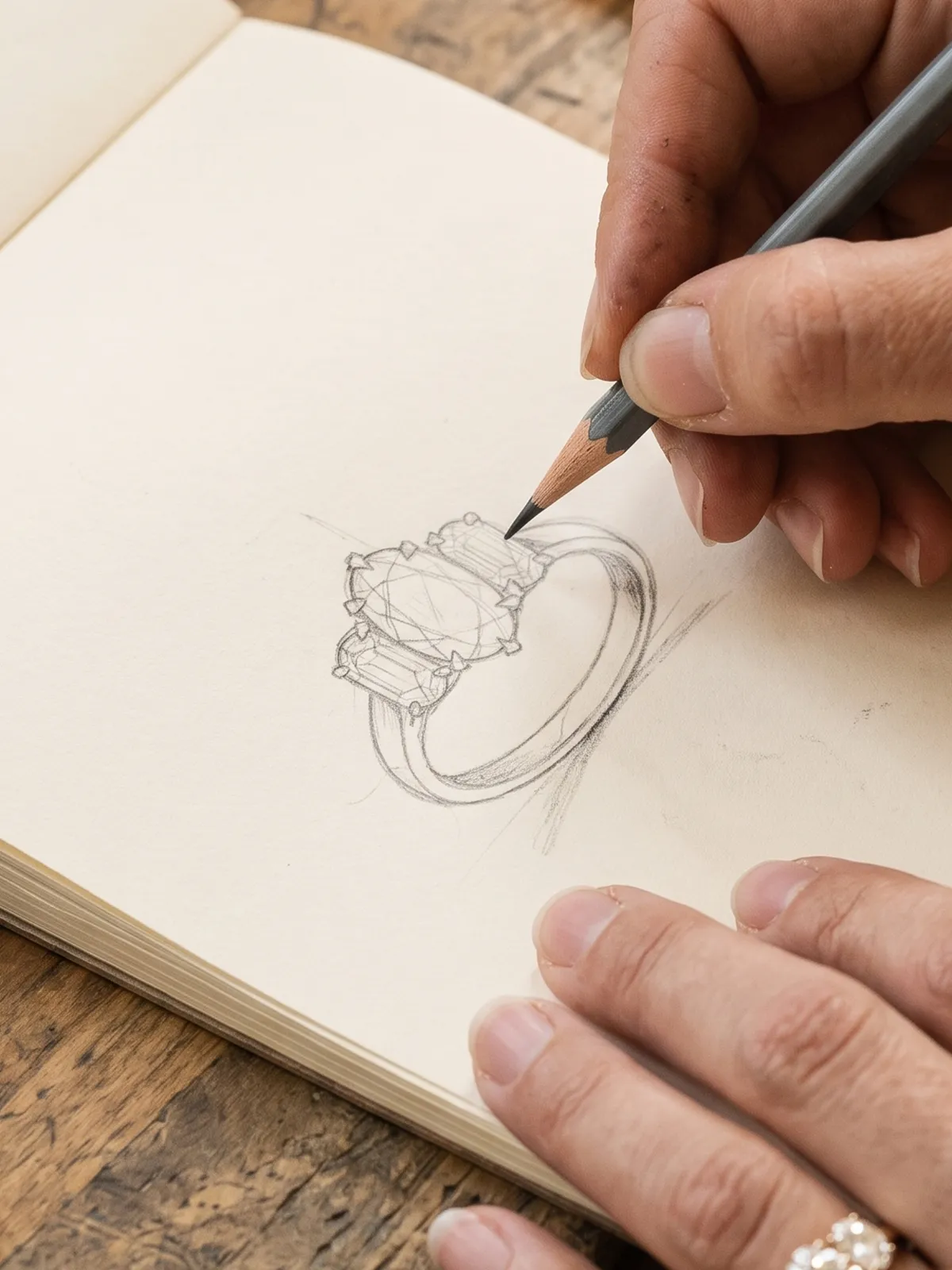 A jeweler sketching a three-stone ring design
