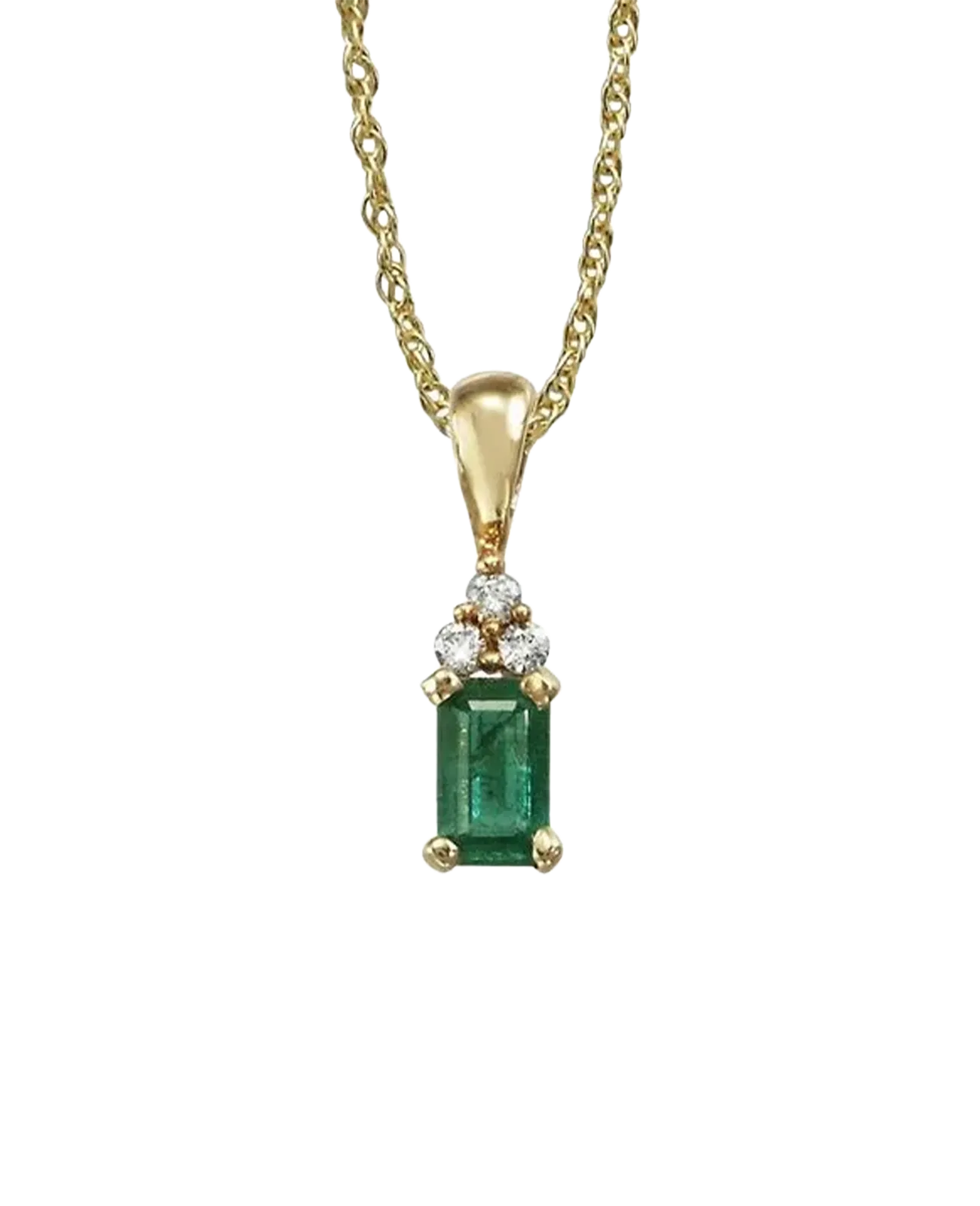 A gold necklace with an emerald-cut green gemstone pendant and small diamonds.