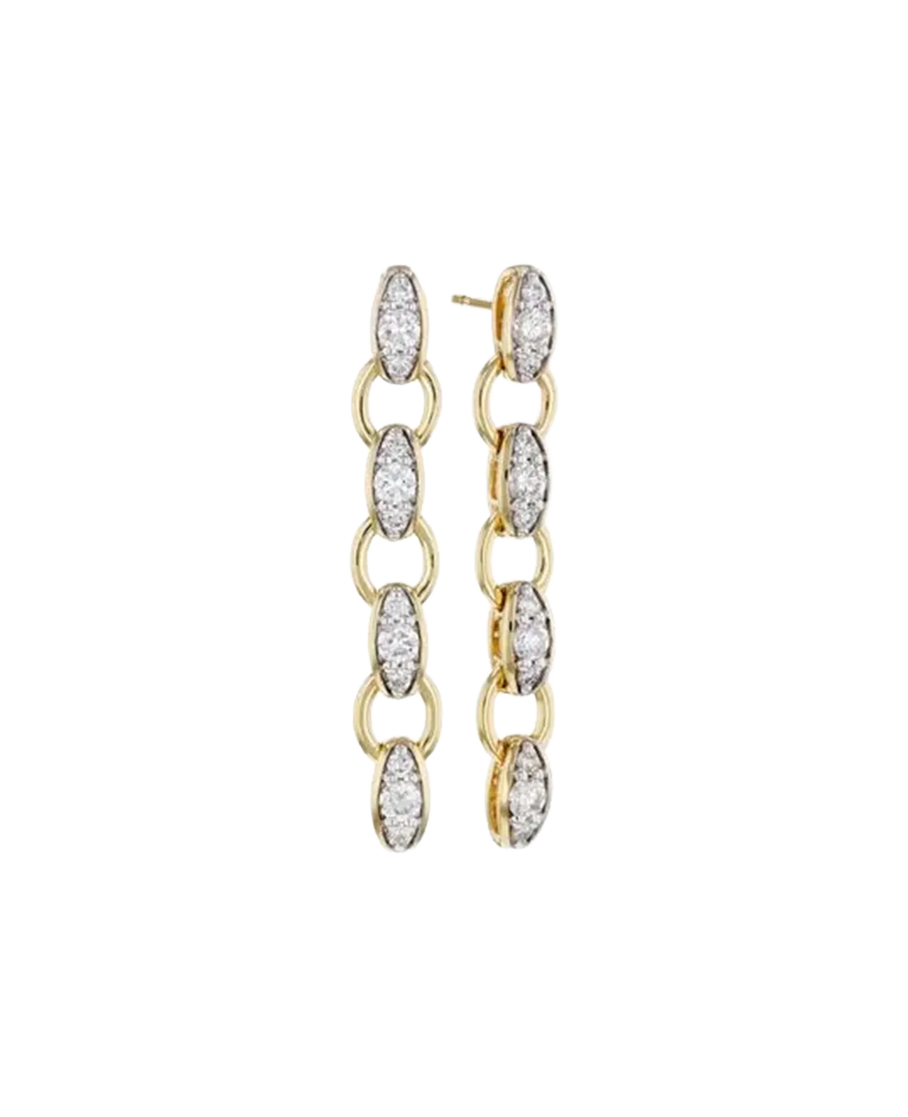 Gold and diamond chain link earrings on a white background.