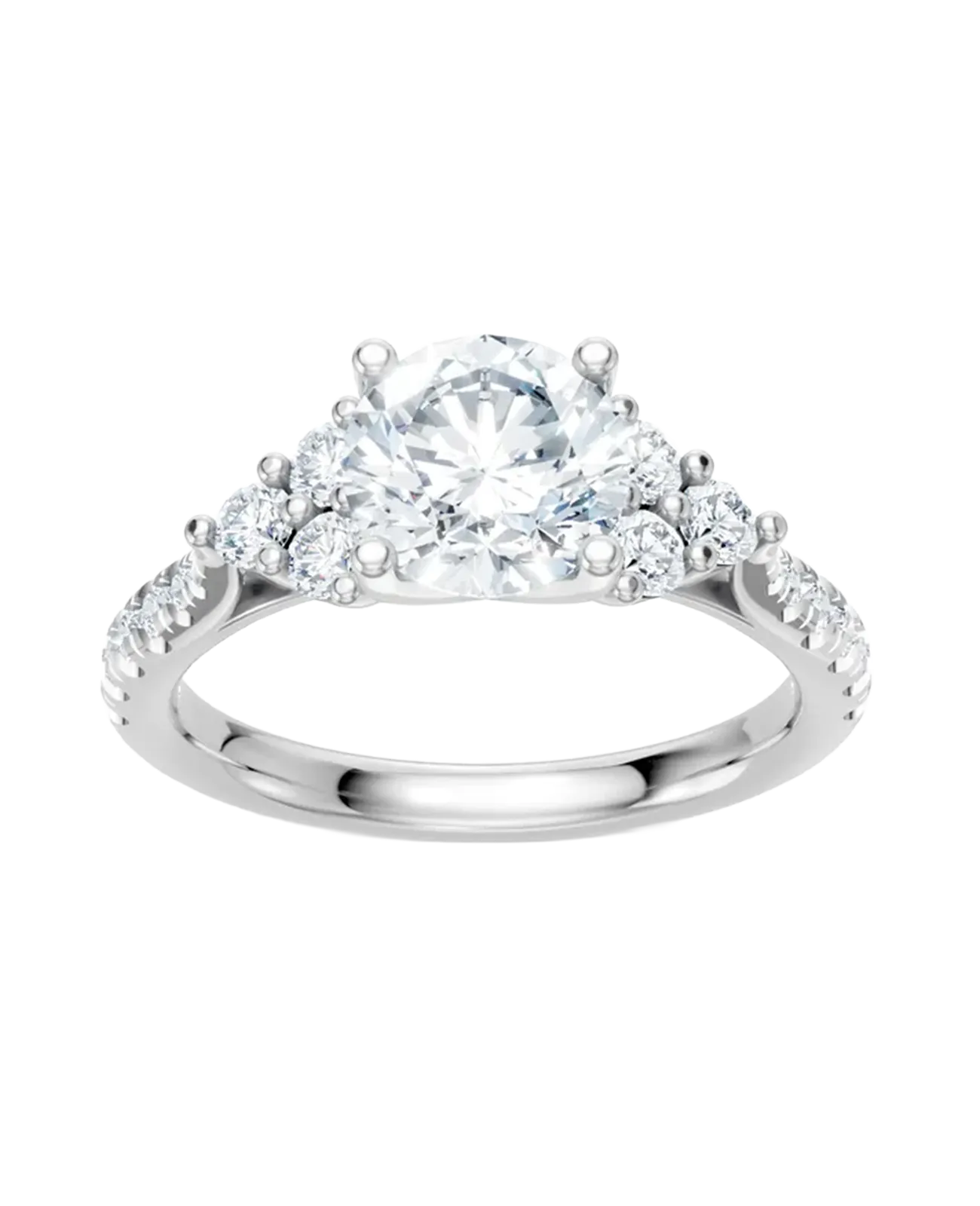 A silver engagement ring with a large central diamond and smaller diamonds on the band.