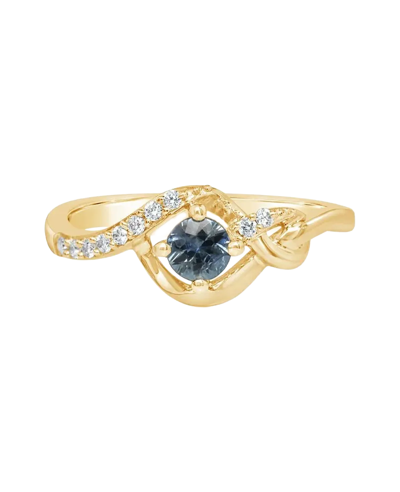 A gold ring with a blue gemstone and diamond accents in a swirl design.