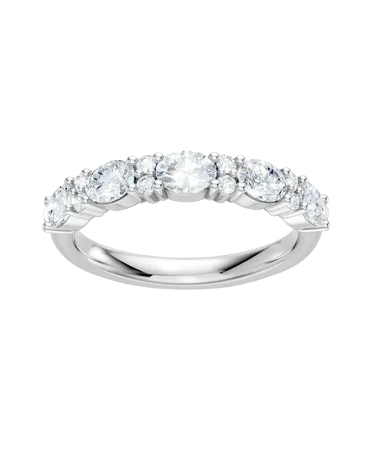 A silver ring with multiple round diamonds set along the band.