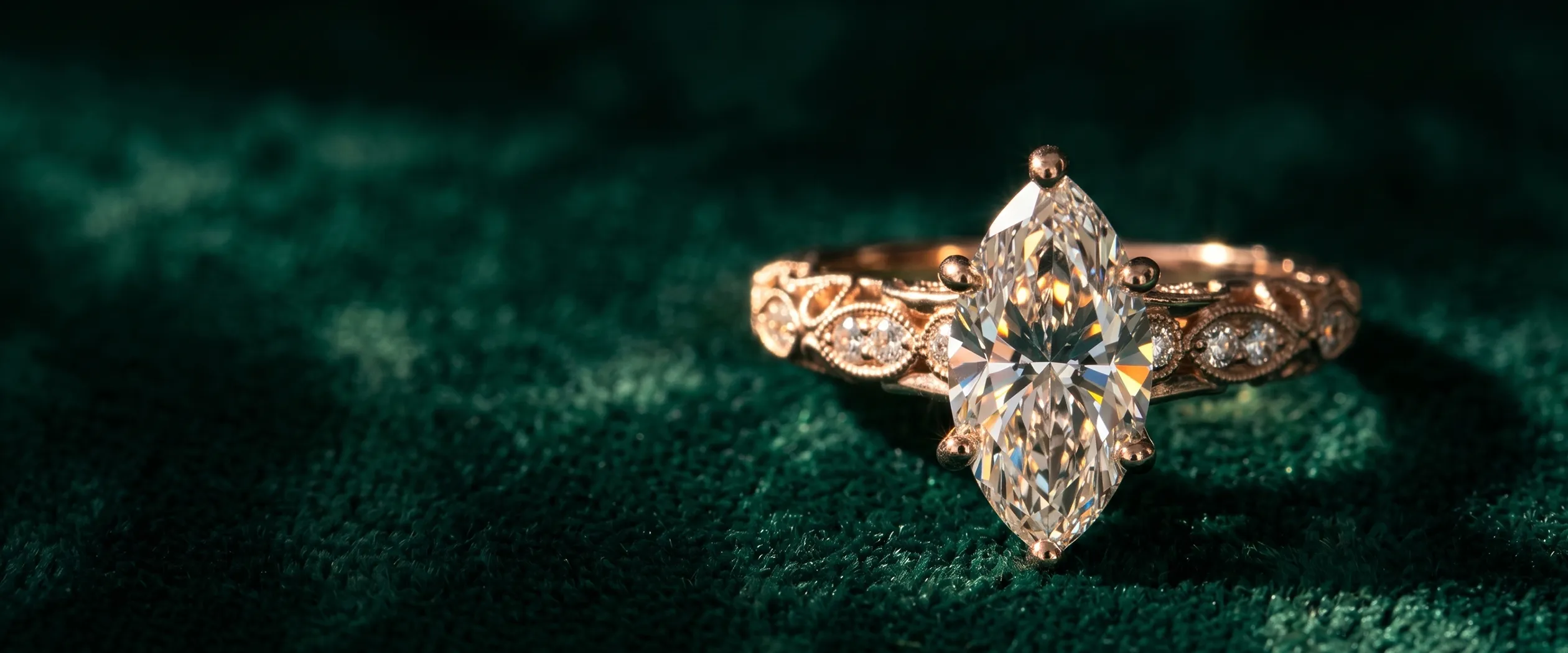 Elegant marquise diamond ring with intricate gold band on green velvet background.