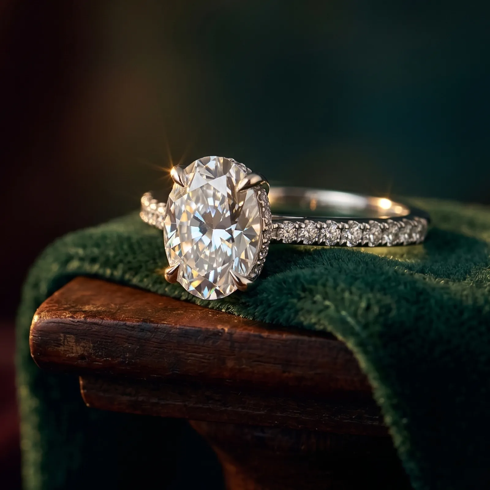 Oval diamond ring with a diamond band on green velvet. Explore the LilyRose Collection.