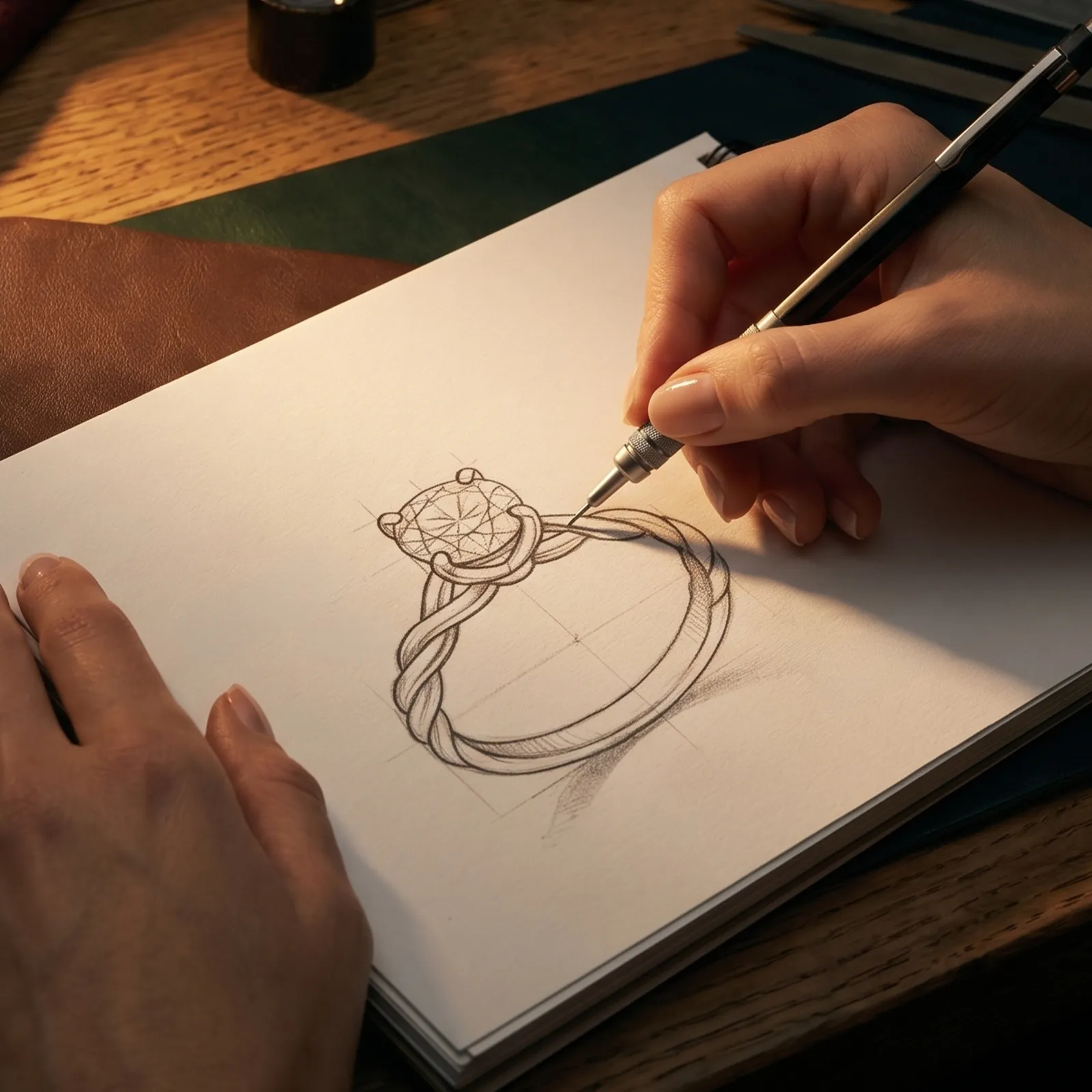 Hand sketching a detailed engagement ring design on paper. Start Designing.
