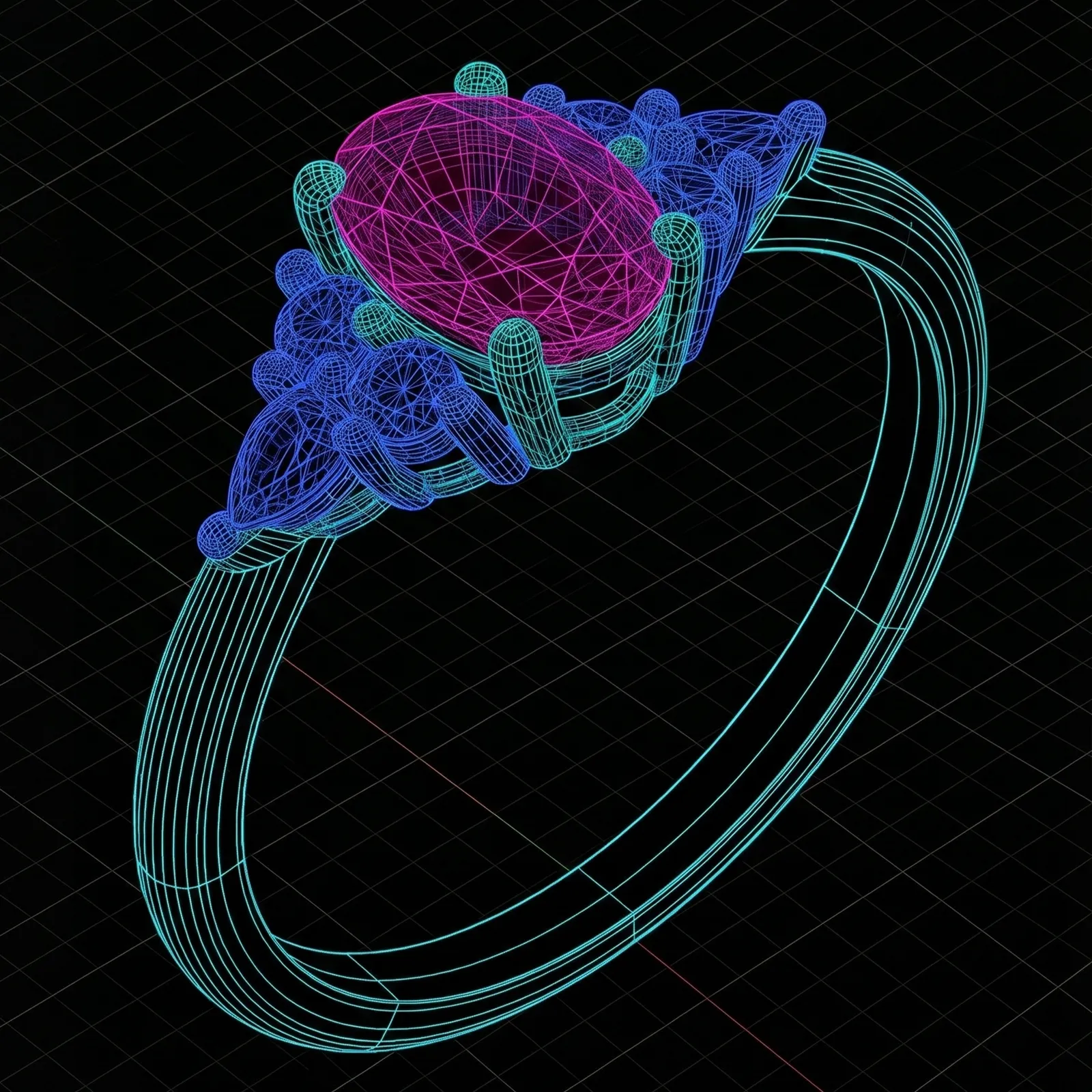 3D wireframe rendering of a ring design with a central gemstone at Midtown Jewelers.