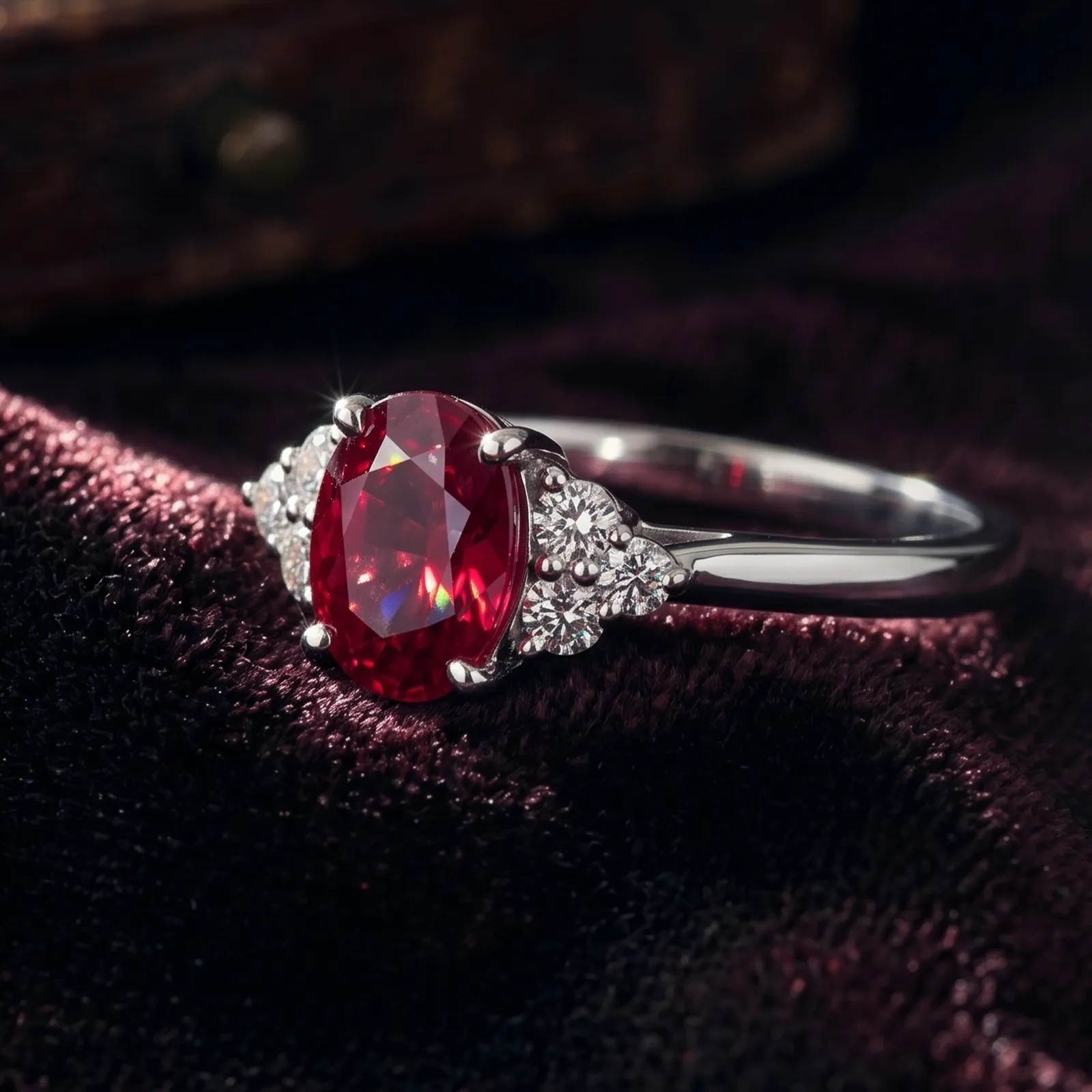 A silver ring with a large red gemstone and small diamonds on a dark velvet background.