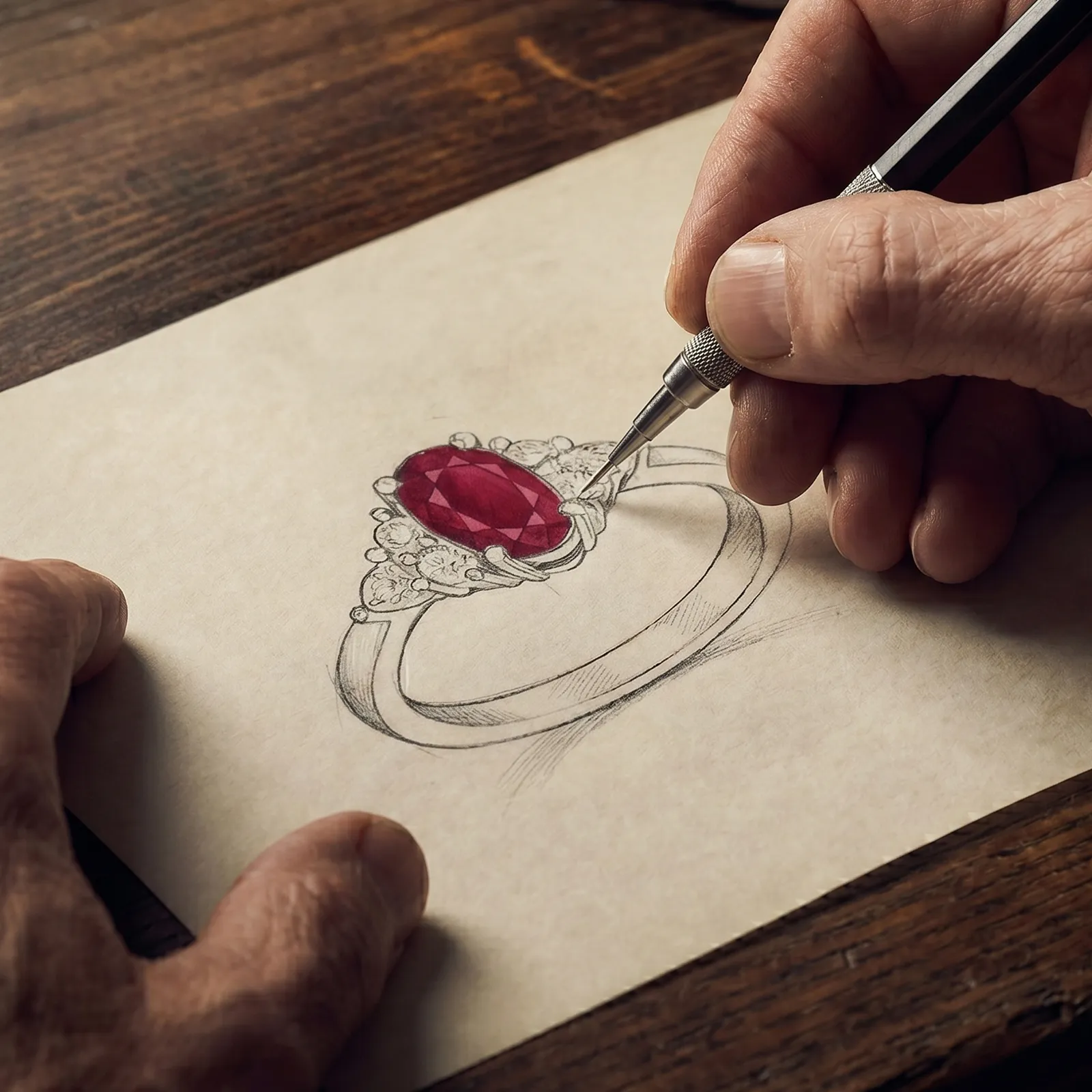 Custom jewelry design sketch with a ruby ring being drawn at Midtown Jewelers.