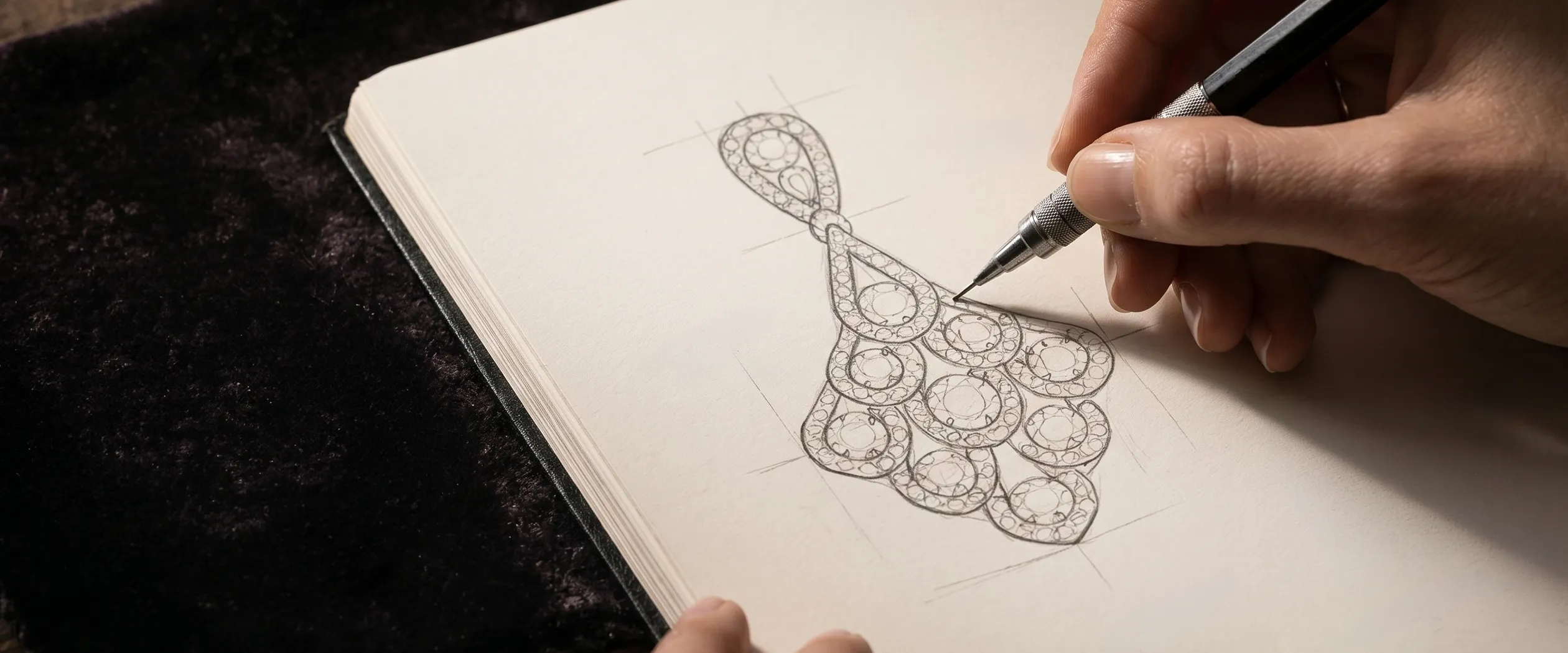 Hand sketching an intricate jewelry design on paper with a mechanical pencil.