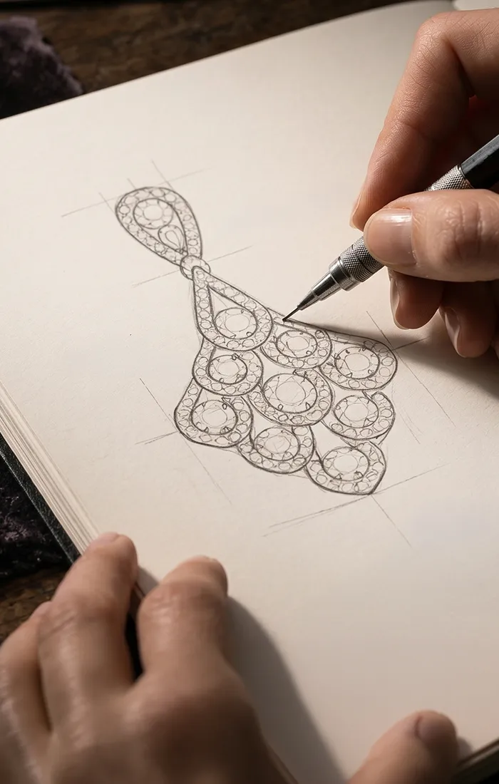 Hand sketching an intricate jewelry design on paper with a mechanical pencil.