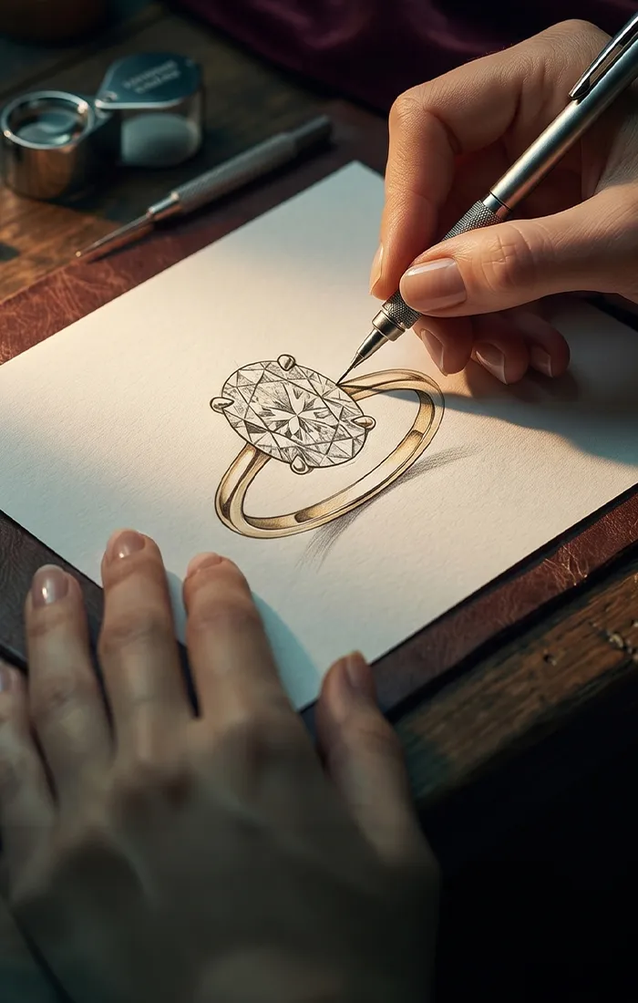 Custom jewelry design sketch in progress at Midtown Jewelers, Herndon. Explore Custom Design.