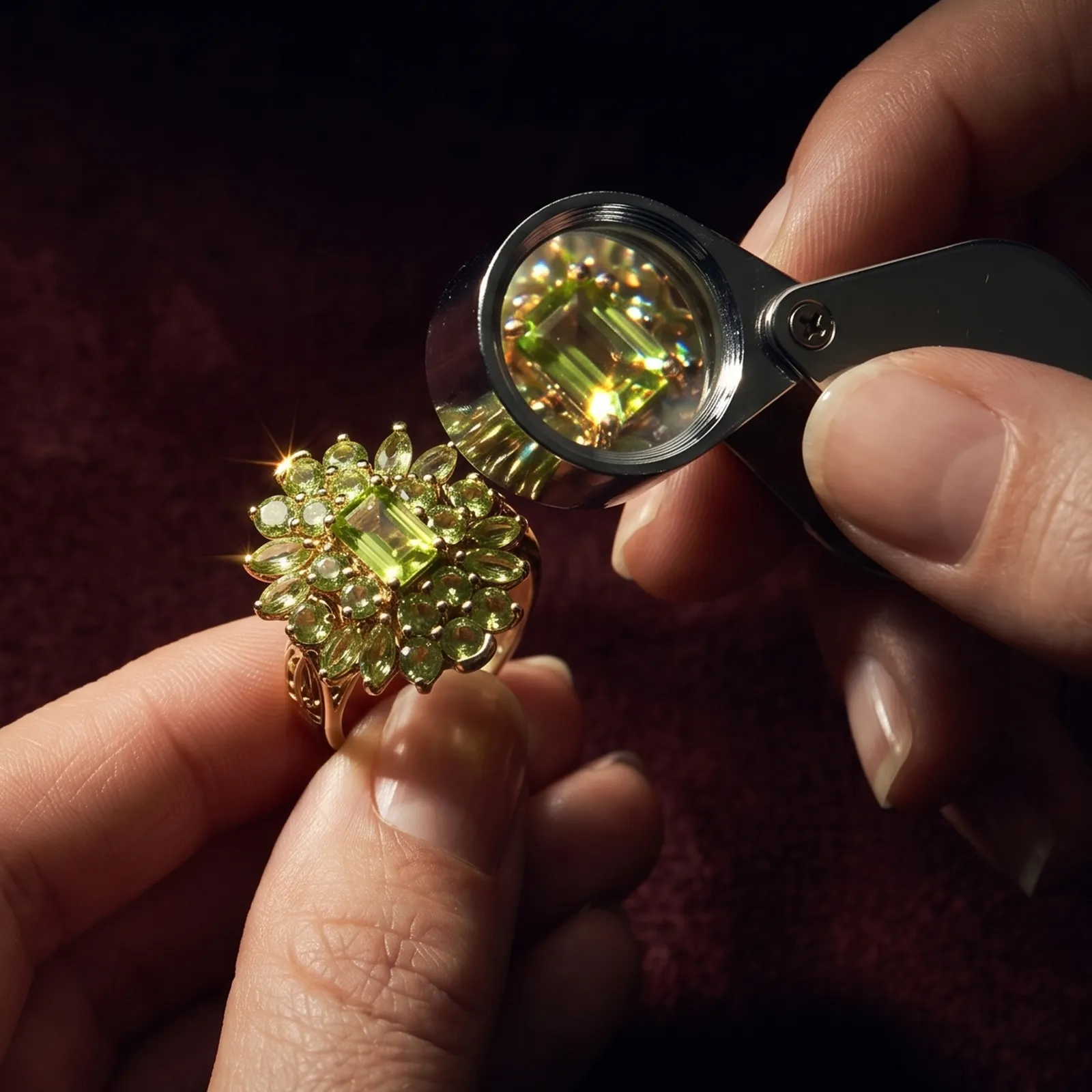 Hands inspecting a green gemstone ring with a magnifying glass.