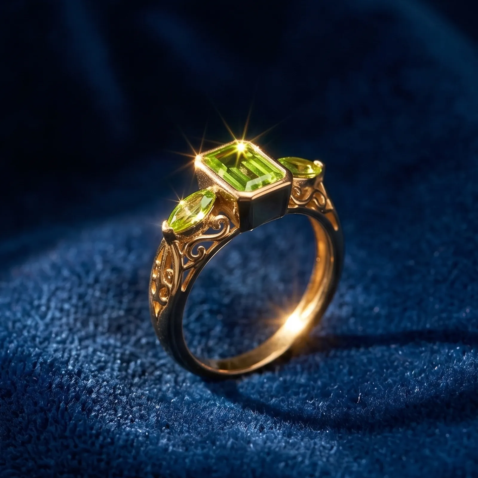 A gold ring with green gemstones on a blue velvet background.